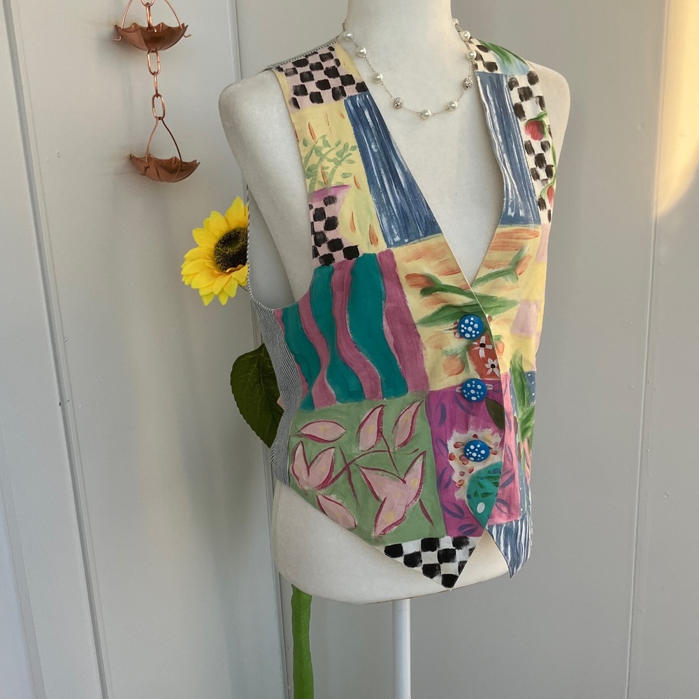 Vintage 90s Pattern Mix Pastel Checkered Floral Buttonup Handpainted Spring Vest